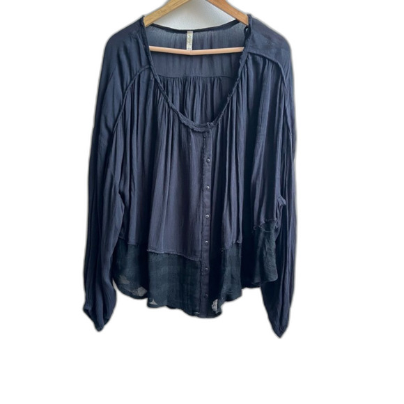 Free People womens Black Cool Meadow Top Button down Cotton boho Size Large - Picture 2 of 5